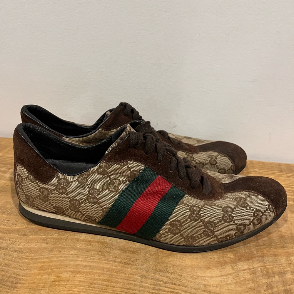 Gucci authentic VTG GG monogram canvas and brown suede sneakers mens size 8 EUC - Picture 6 of 10